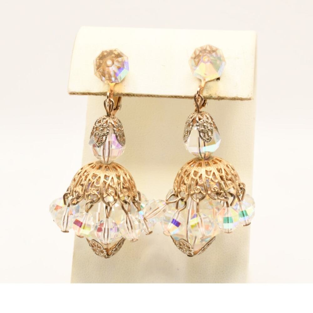 Vintage Charlin AB Crystal Chandelier Dangle Earrings Signed